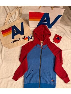 NWT Aviator Nation RARE  Color Block Zip  Hoodie Small + Tote Bag
